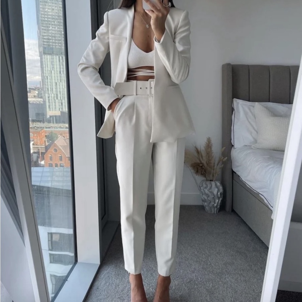 Zara Cream Women's Belted Cigarette Pants